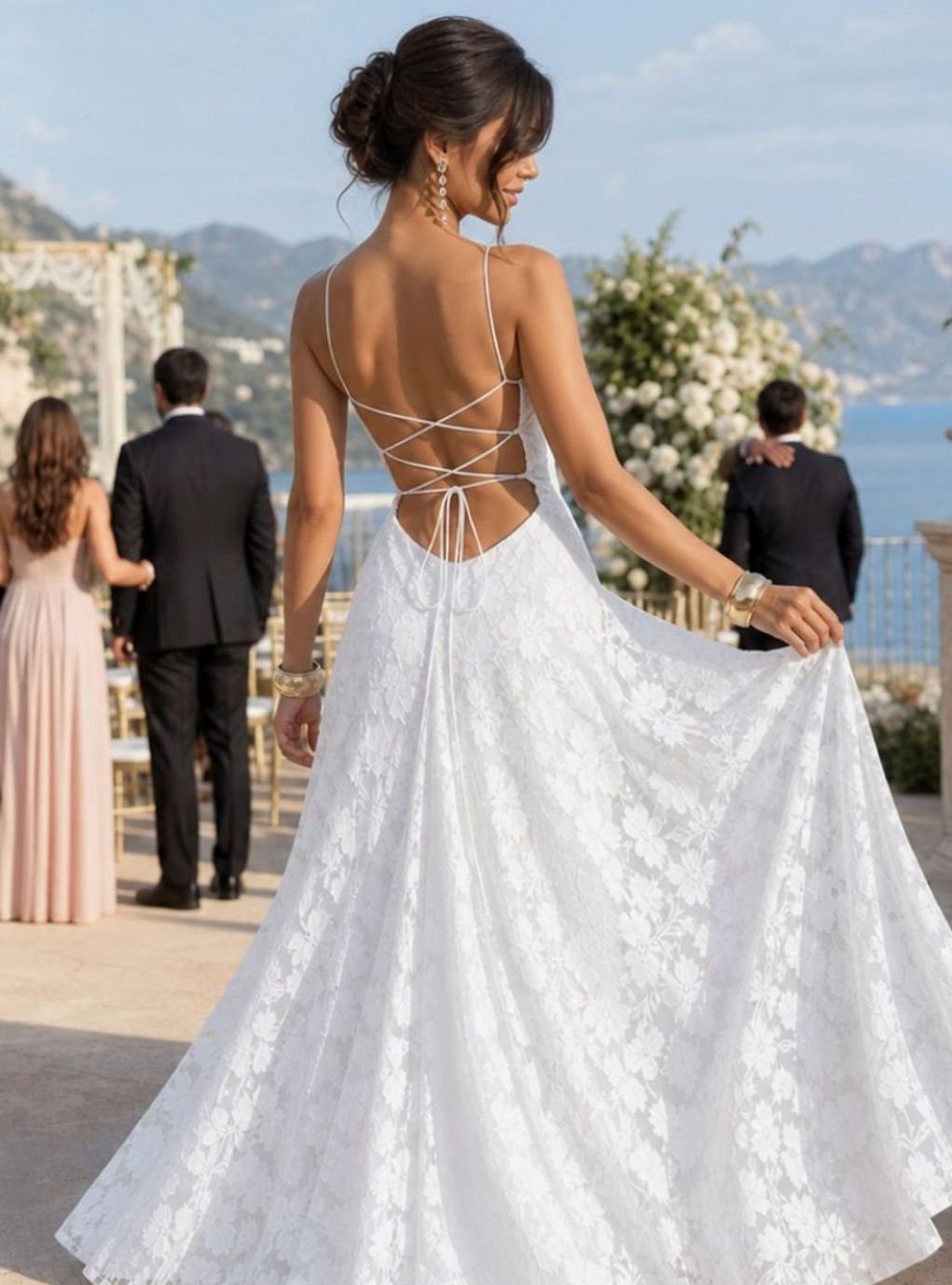 Women's Spaghetti Strap A-Line Full Lace Maxi Dress