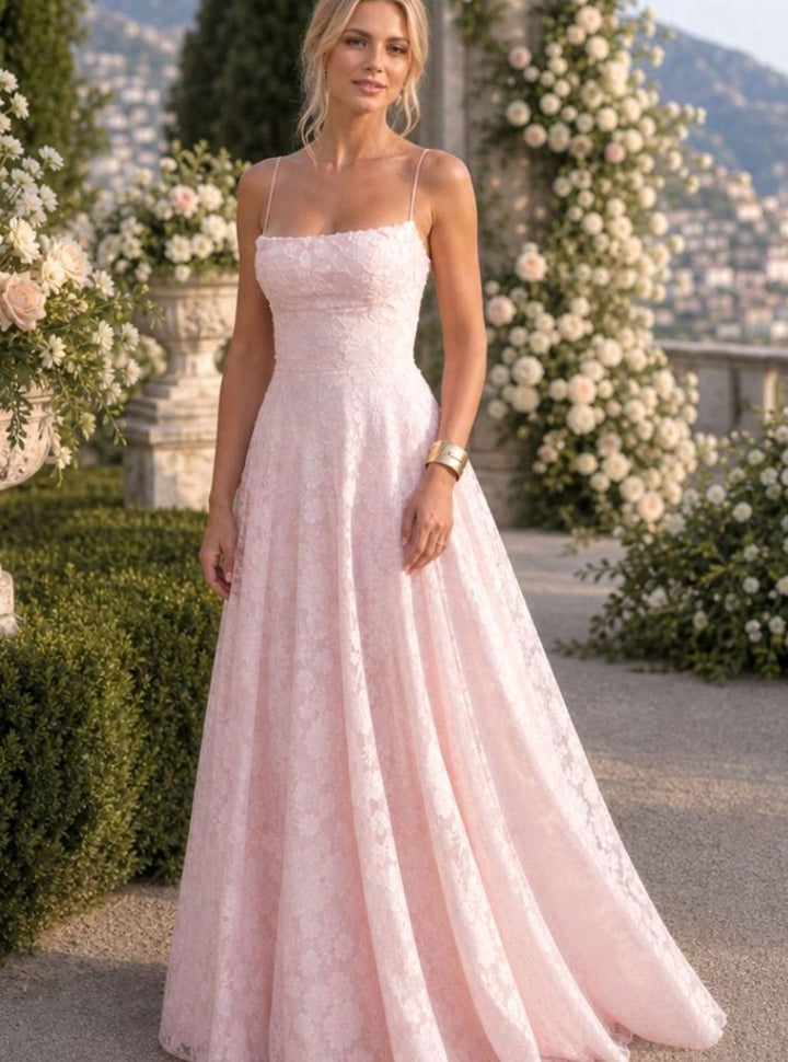 Women's Spaghetti Strap A-Line Full Lace Maxi Dress
