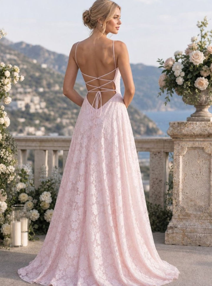 Women's Spaghetti Strap A-Line Full Lace Maxi Dress