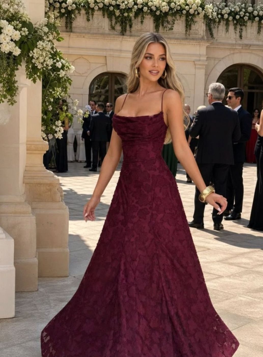 Women's Spaghetti Strap A-Line Full Lace Maxi Dress