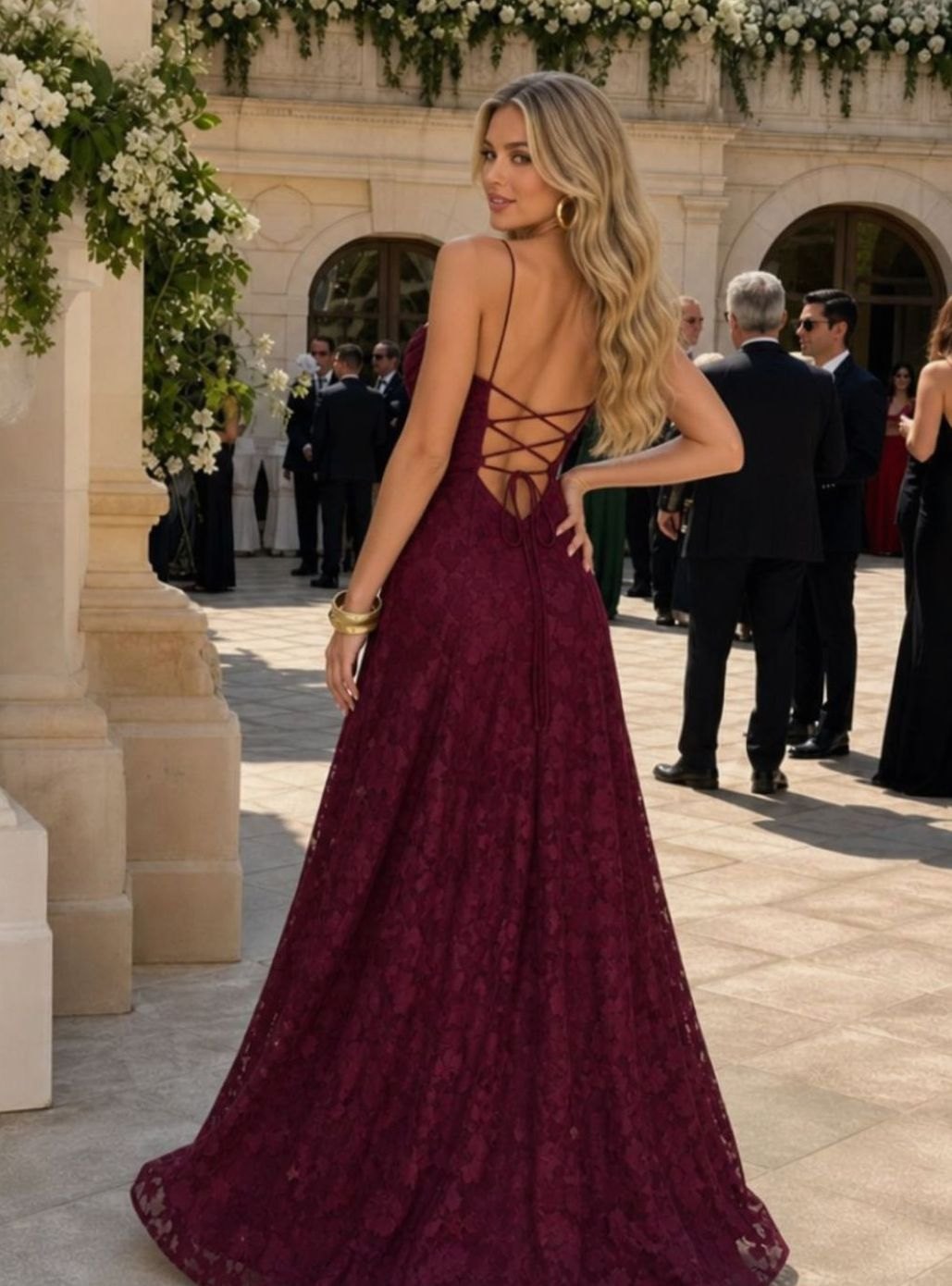Women's Spaghetti Strap A-Line Full Lace Maxi Dress