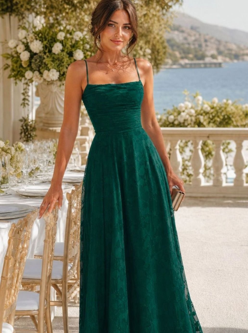 Women's Spaghetti Strap A-Line Full Lace Maxi Dress