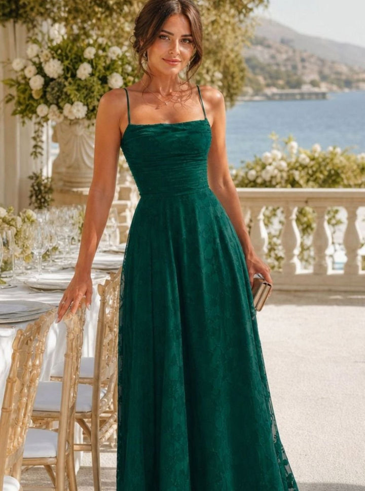 Women's Spaghetti Strap A-Line Full Lace Maxi Dress