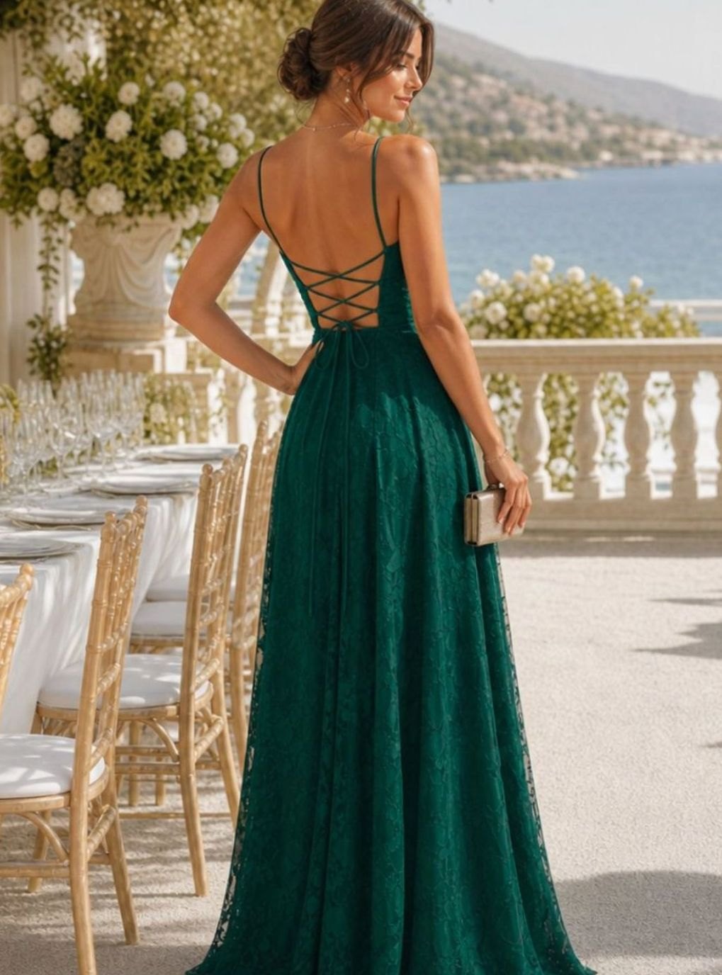 Women's Spaghetti Strap A-Line Full Lace Maxi Dress