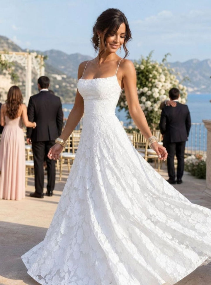 Women's Spaghetti Strap A-Line Full Lace Maxi Dress