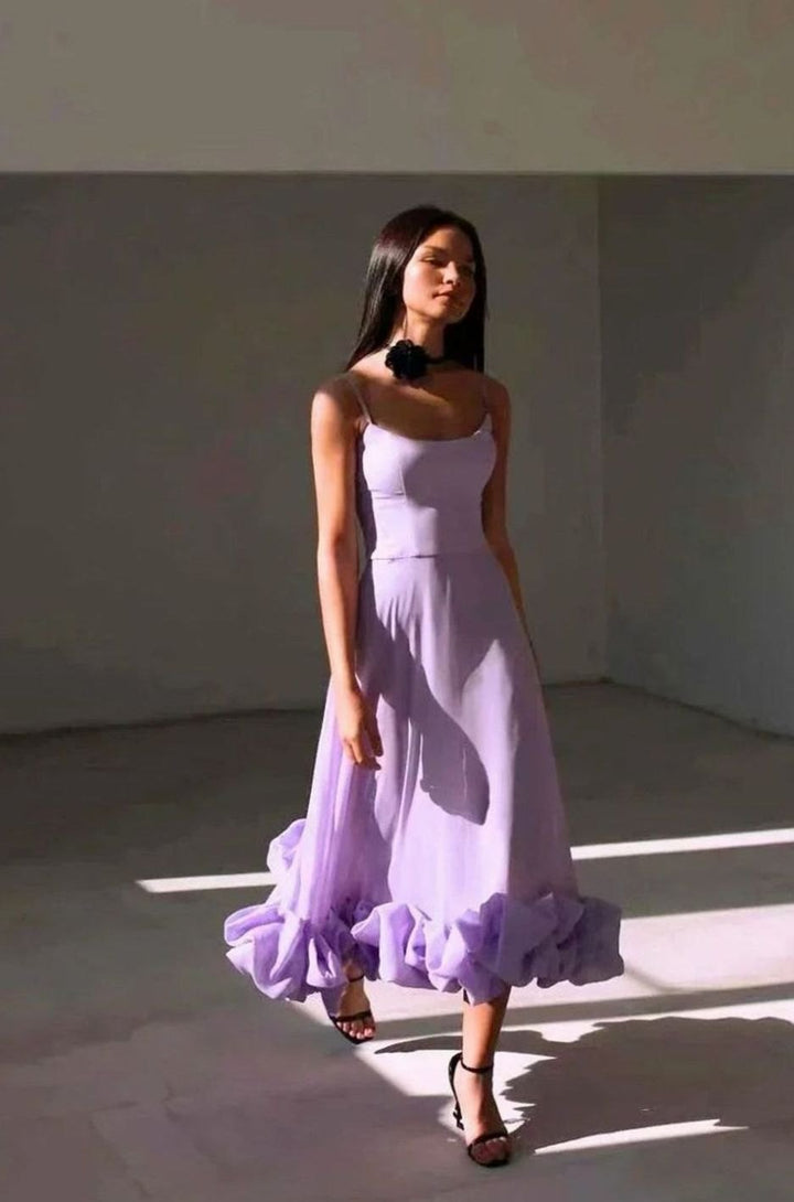 Women's Spaghetti Strap Ruffle Hem A-Line Midi Dress