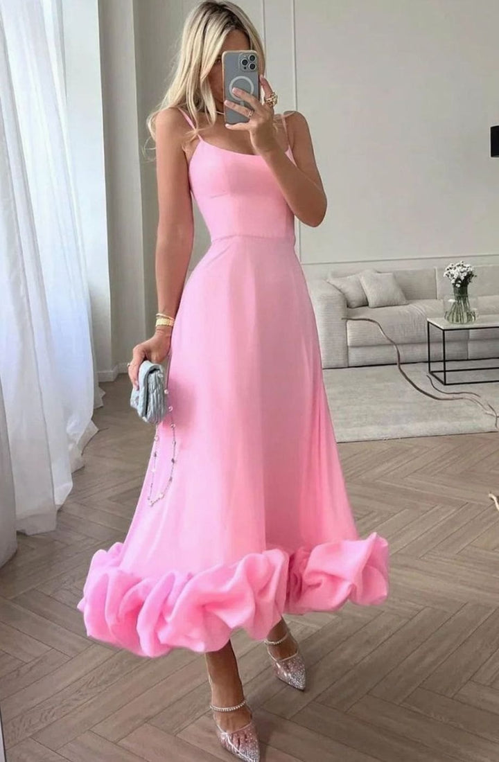 Women's Spaghetti Strap Ruffle Hem A-Line Midi Party Dress