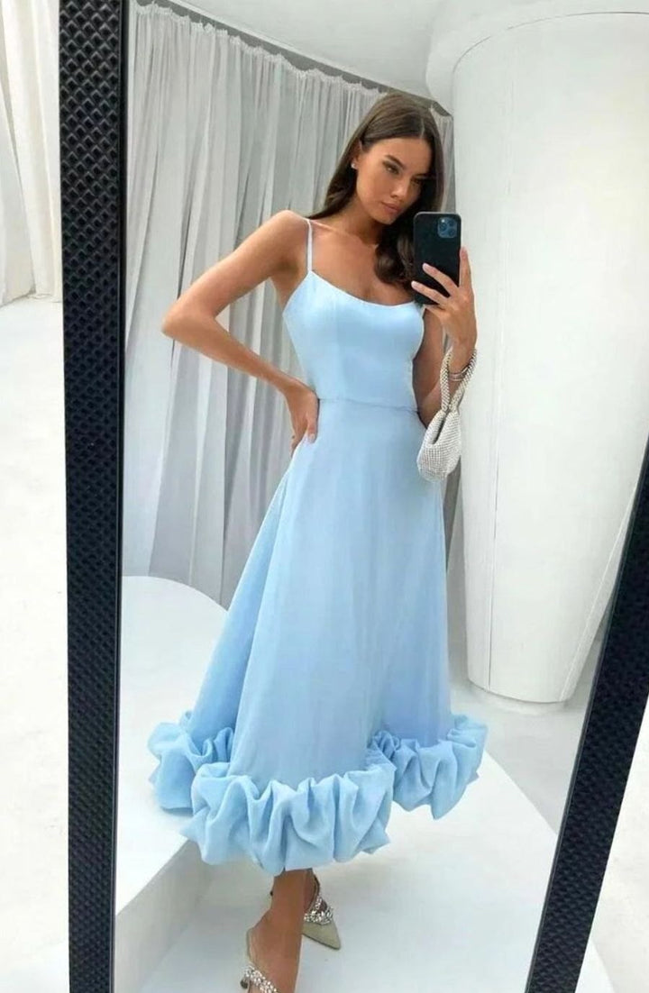 Women's Spaghetti Strap Ruffle Hem A-Line Midi Party Dress