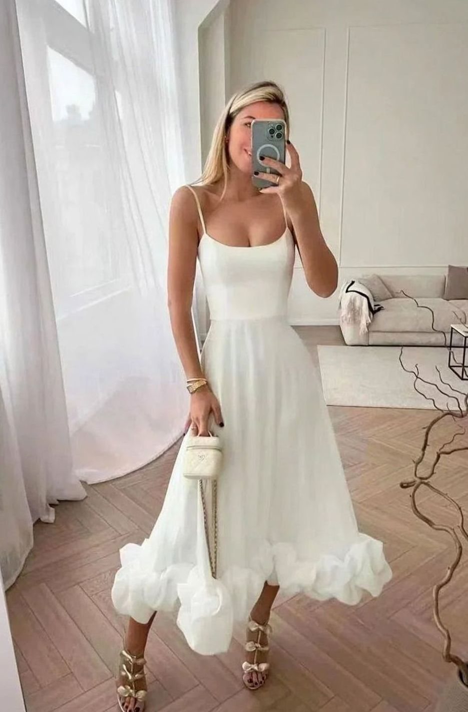 Women's Spaghetti Strap Ruffle Hem A-Line Midi Party Dress