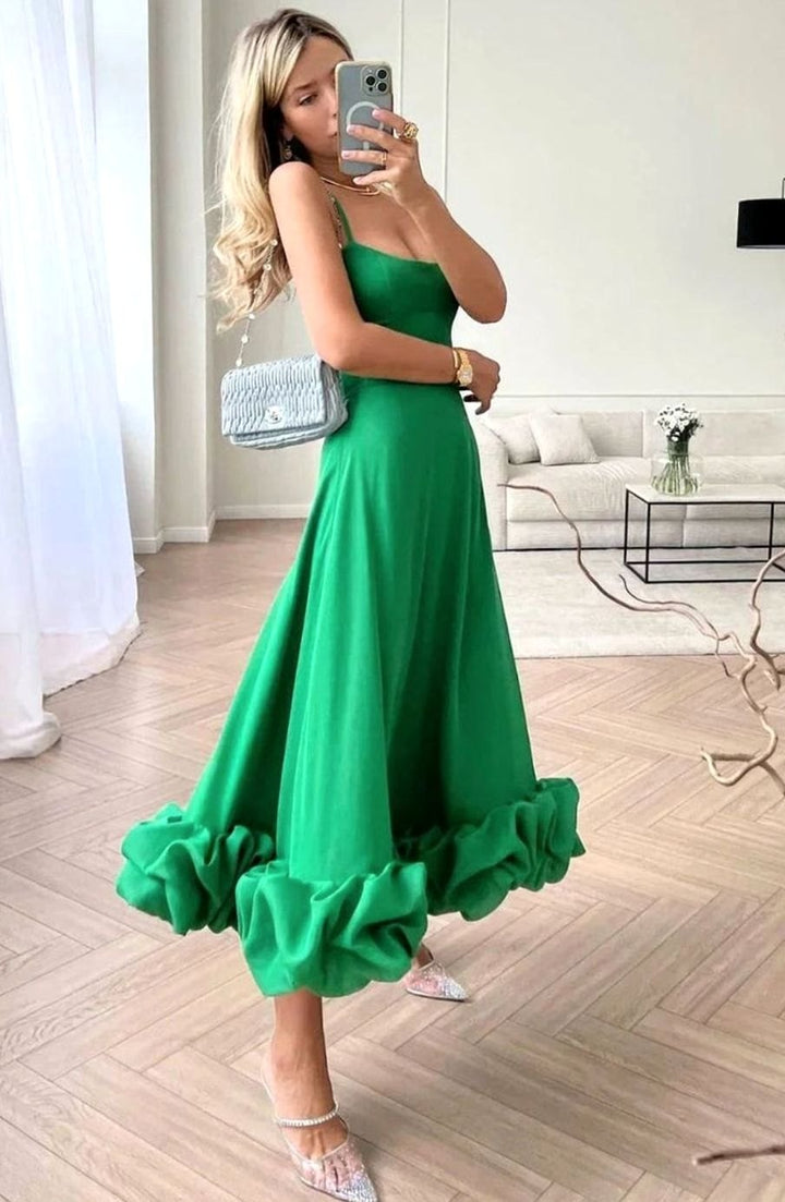 Women's Spaghetti Strap Ruffle Hem A-Line Midi Party Dress