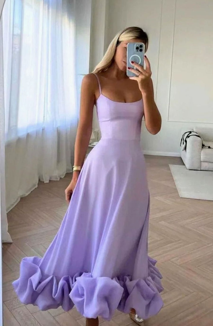 Women's Spaghetti Strap Ruffle Hem A-Line Midi Party Dress