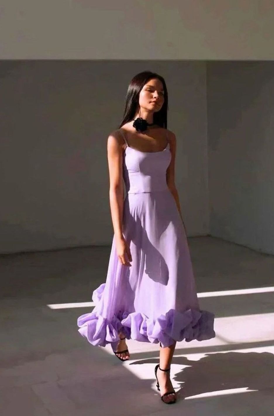 Women's Spaghetti Strap Ruffle Hem A-Line Midi Party Dress