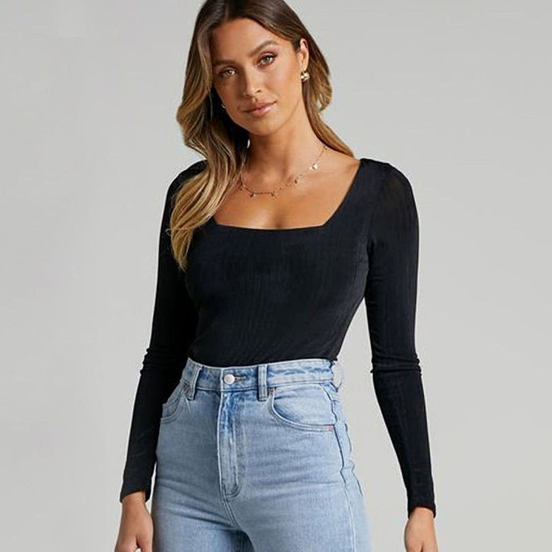 Women's Square-Neck Long-Sleeve Ribbed Bodysuit