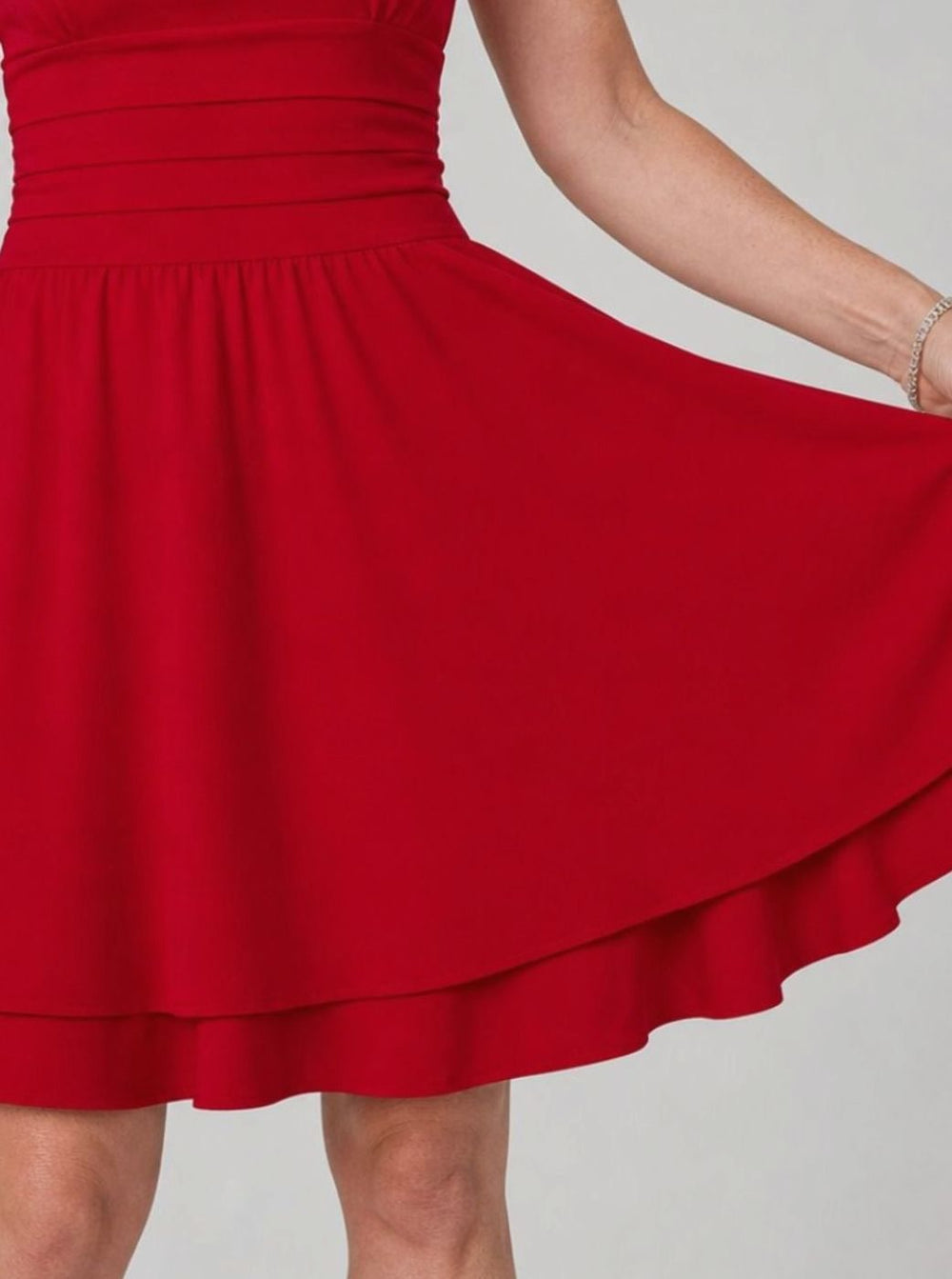 Women's Square Neck Ruched-Waist Tiered Flared Mini Dress