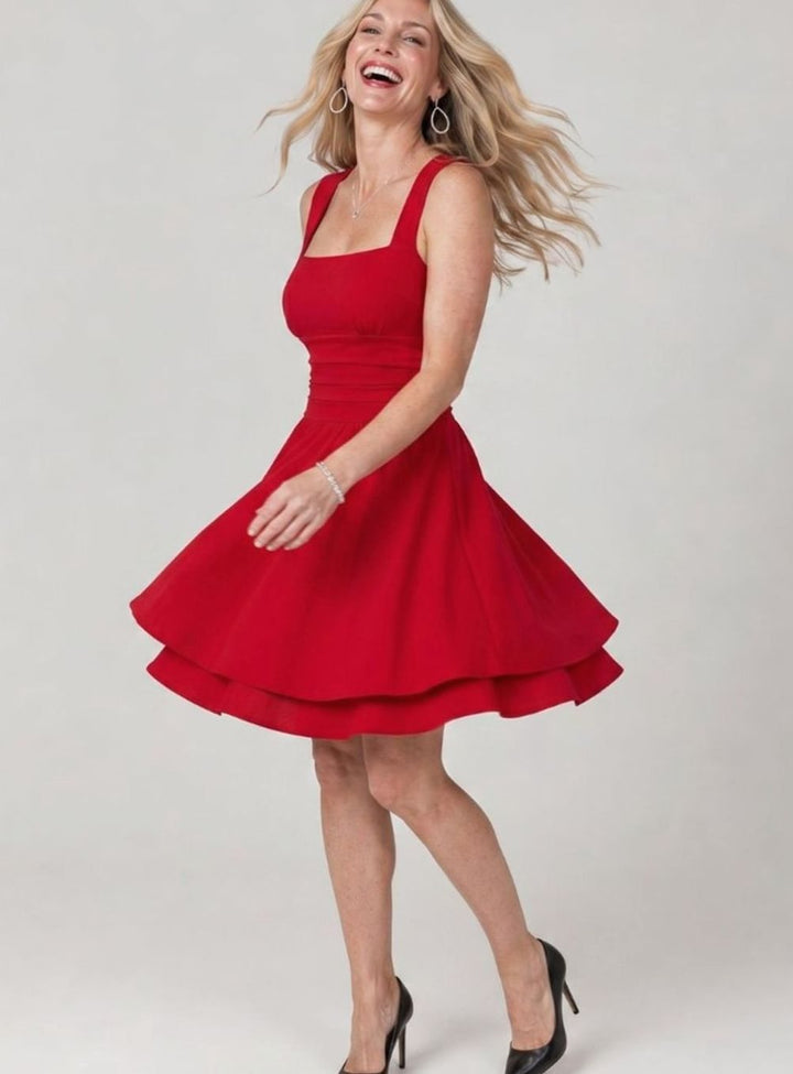 Women's Square Neck Ruched-Waist Tiered Flared Mini Dress