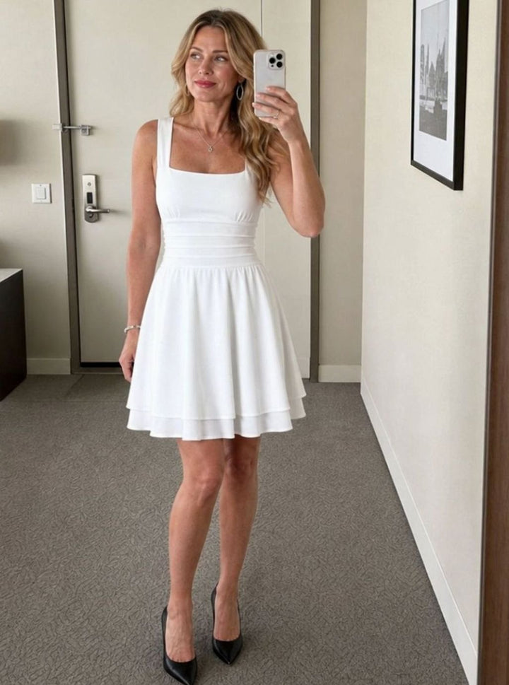 Women's Square Neck Ruched-Waist Tiered Flared Mini Dress