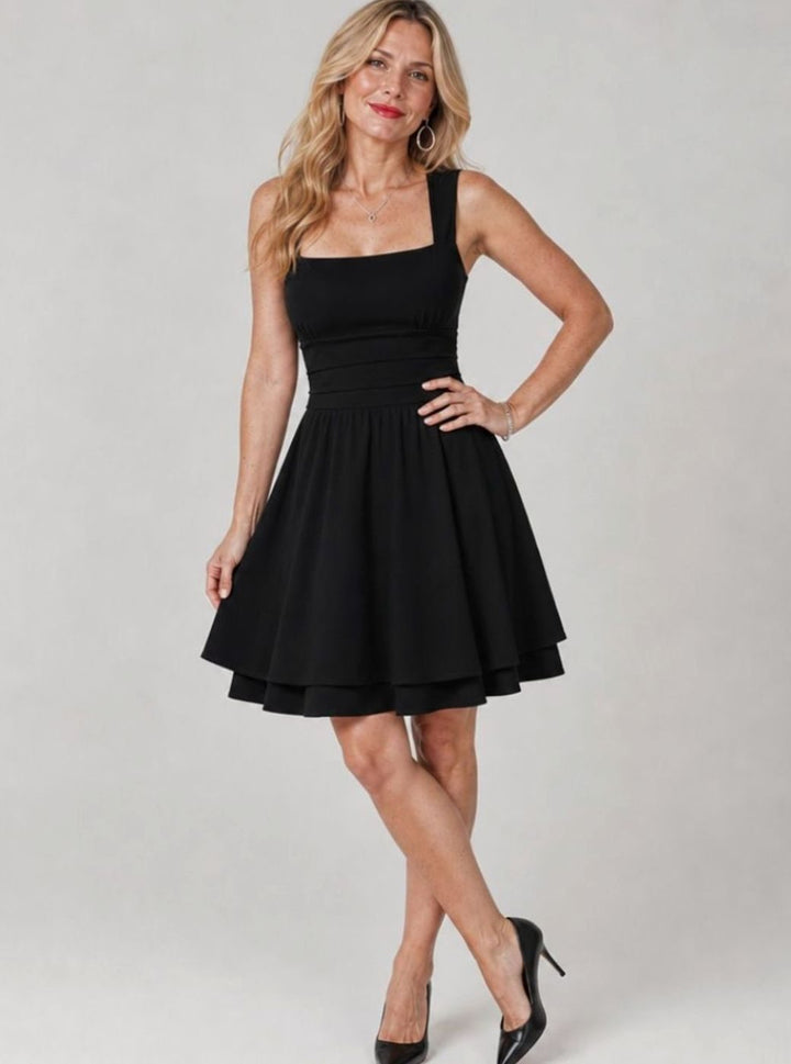 Women's Square Neck Ruched-Waist Tiered Flared Mini Dress Christmas