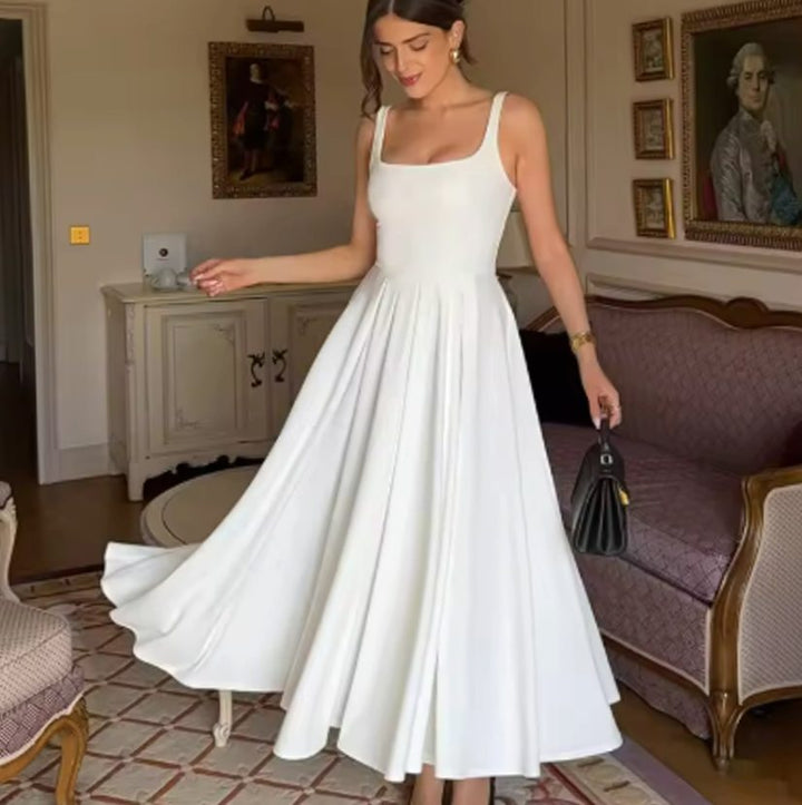 Women's Square-Neck Sleeveless Pleated A-Line Midi Dress