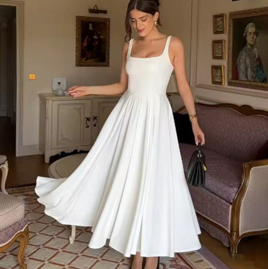 Women's Square-Neck Sleeveless Pleated A-Line Midi Dress - White