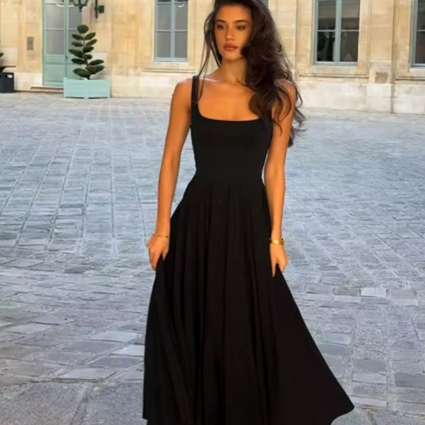 Women's Square-Neck Sleeveless Pleated A-Line Midi Dress - Black