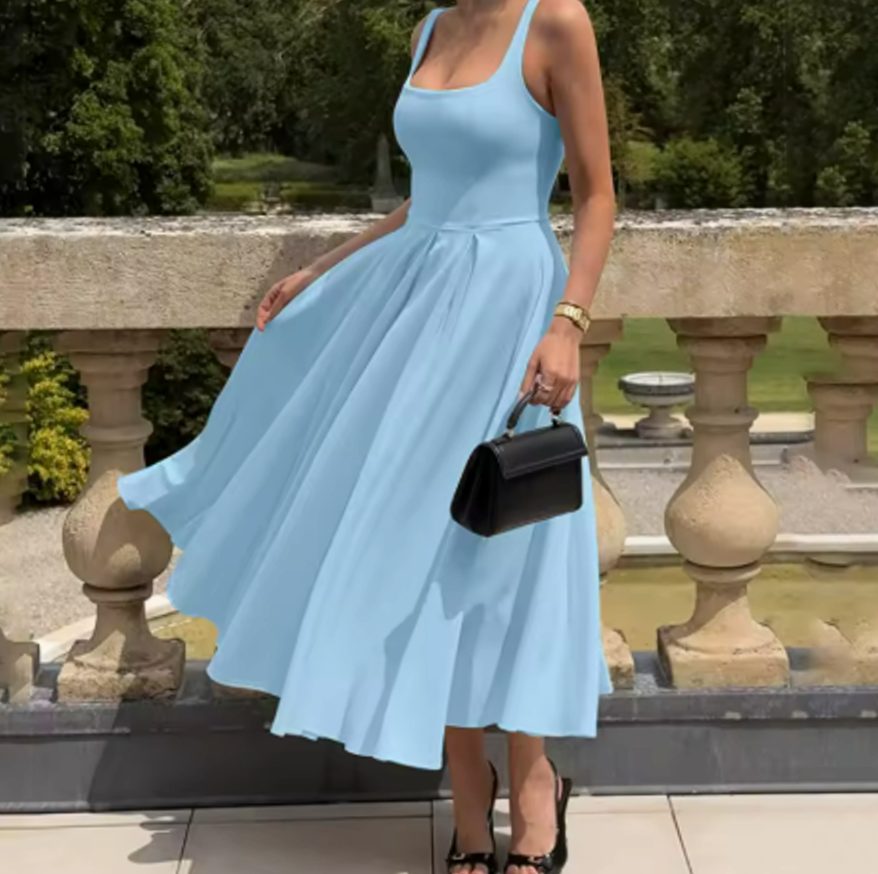 Women's Square-Neck Sleeveless Pleated A-Line Midi Dress - Blue