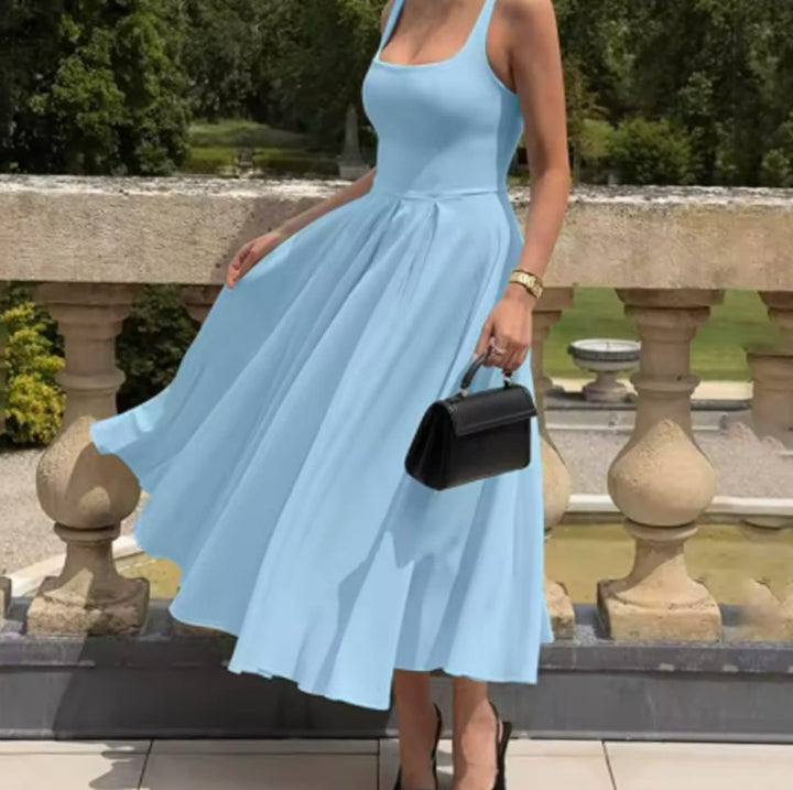 Women's Square-Neck Sleeveless Pleated A-Line Midi Dress