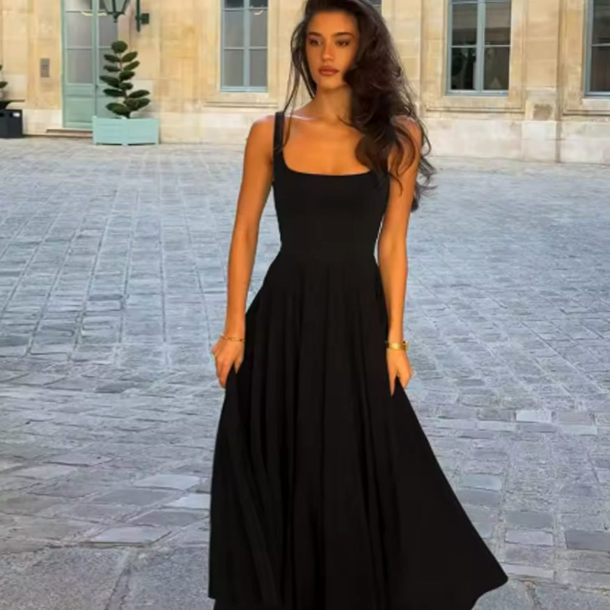 Women's Square-Neck Sleeveless Pleated A-Line Midi Dress