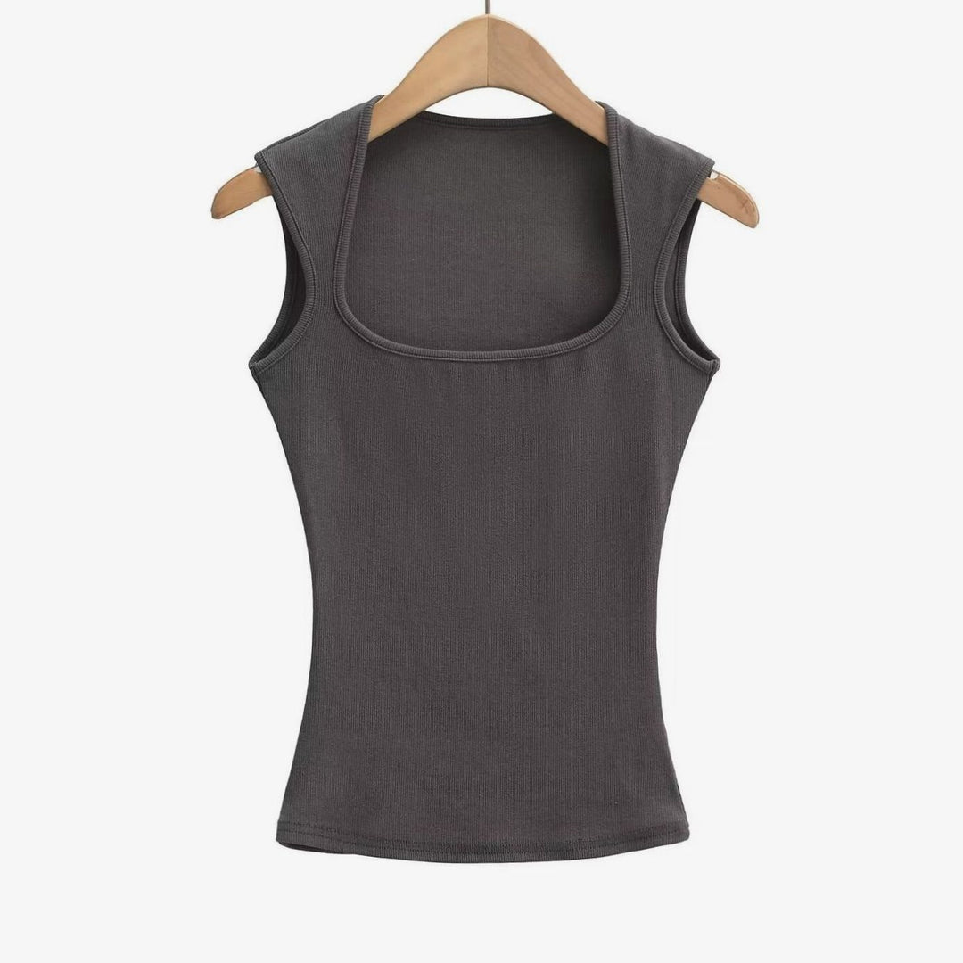 Women's Square-Neck Sleeveless Stretch Ribbed Vest Top - Charcoal