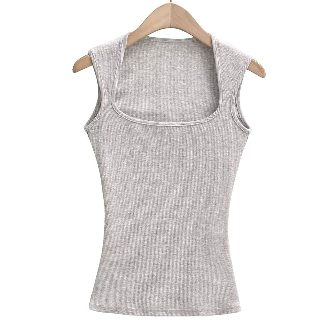 Women's Square-Neck Sleeveless Stretch Ribbed Vest Top - Grey
