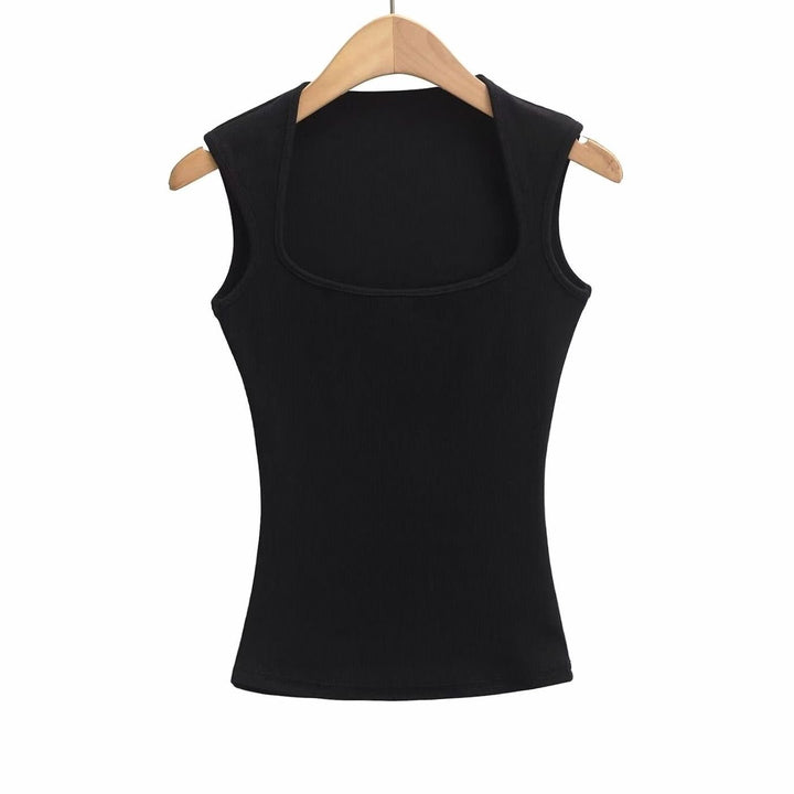 Women's Square-Neck Sleeveless Stretch Ribbed Vest Top - Black