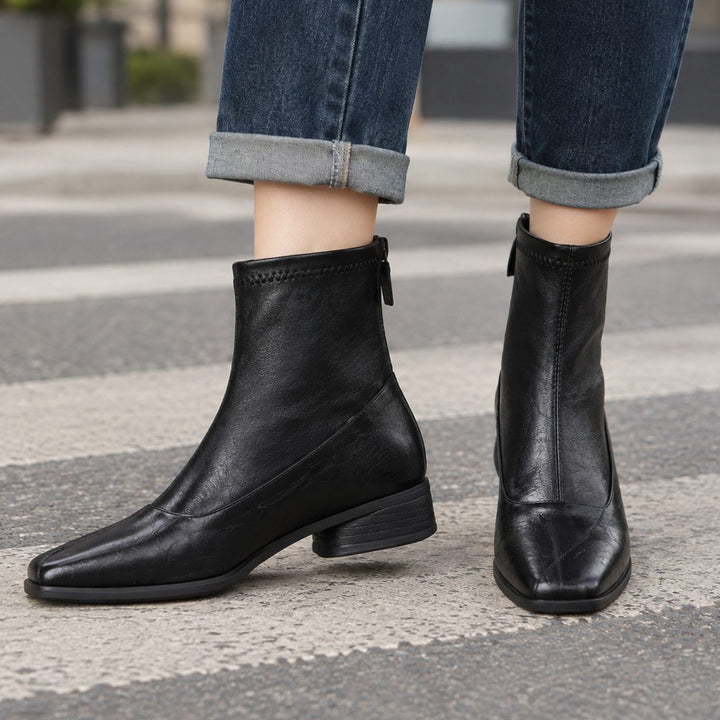 Women's Square-Toe Block-Heel Back-Zip Ankle Boots, Black - Black