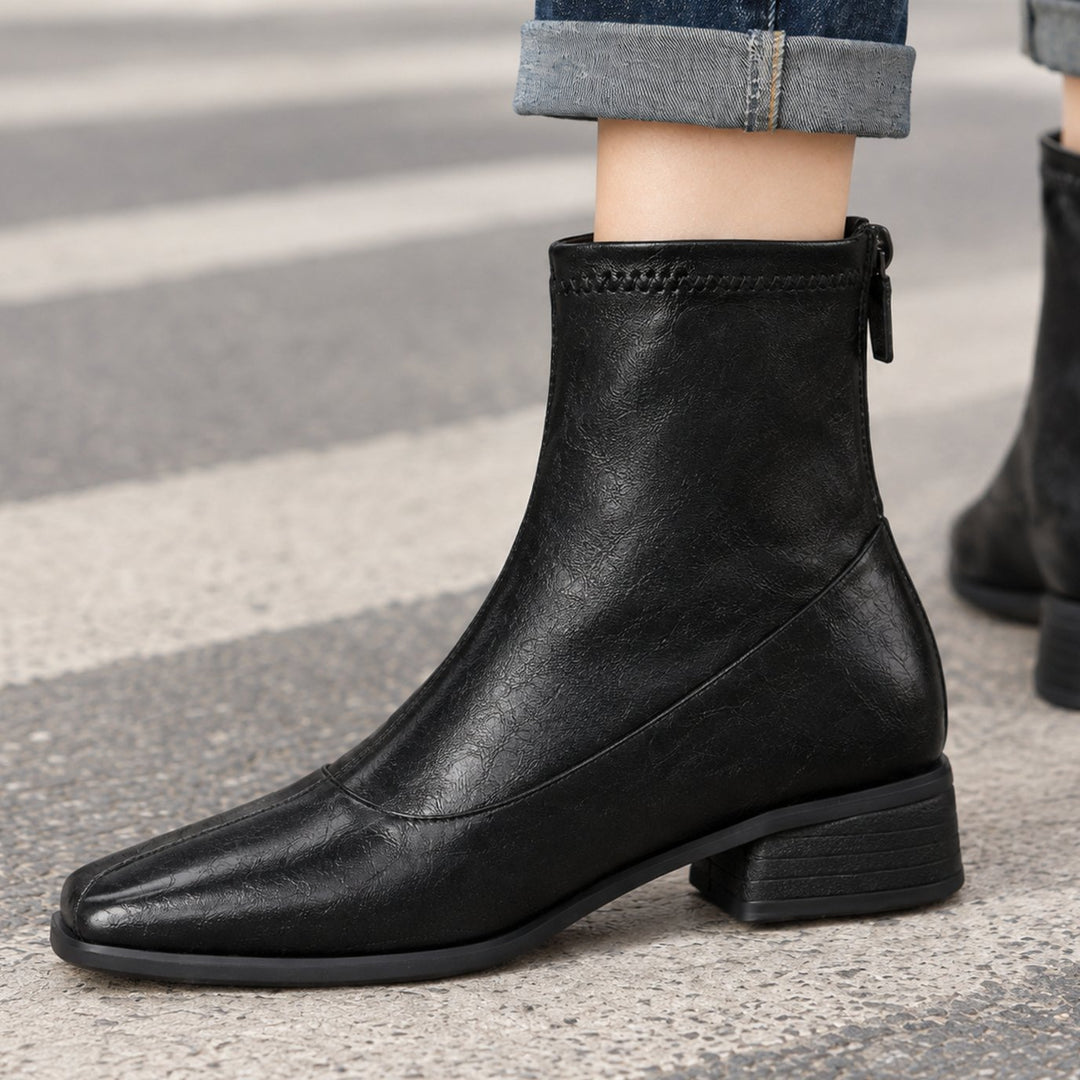 Women's Square-Toe Block-Heel Back-Zip Ankle Boots, Black