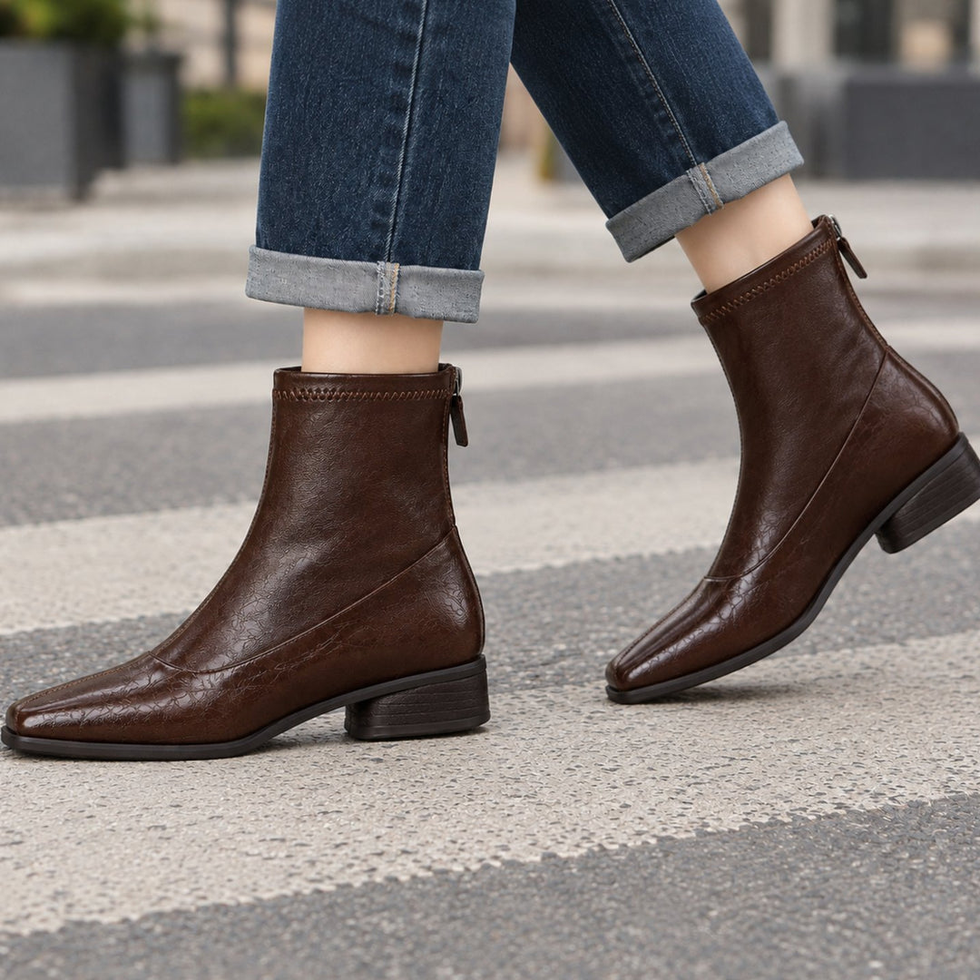 Women's Square-Toe Block-Heel Back-Zip Ankle Boots, Black - Brown