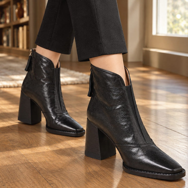 Women's Square Toe Block Heel Leather-Look Ankle Boots - Black