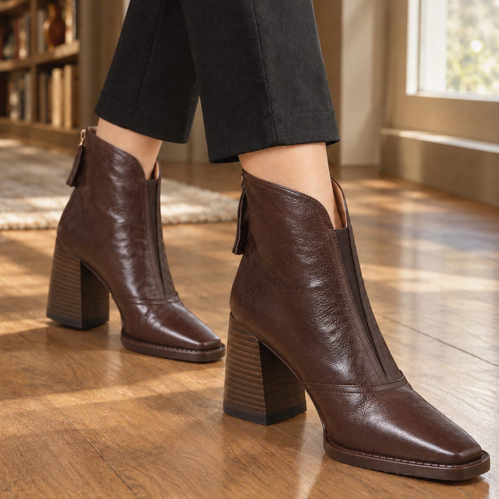Women's Square Toe Block Heel Leather-Look Ankle Boots - Dark Brown