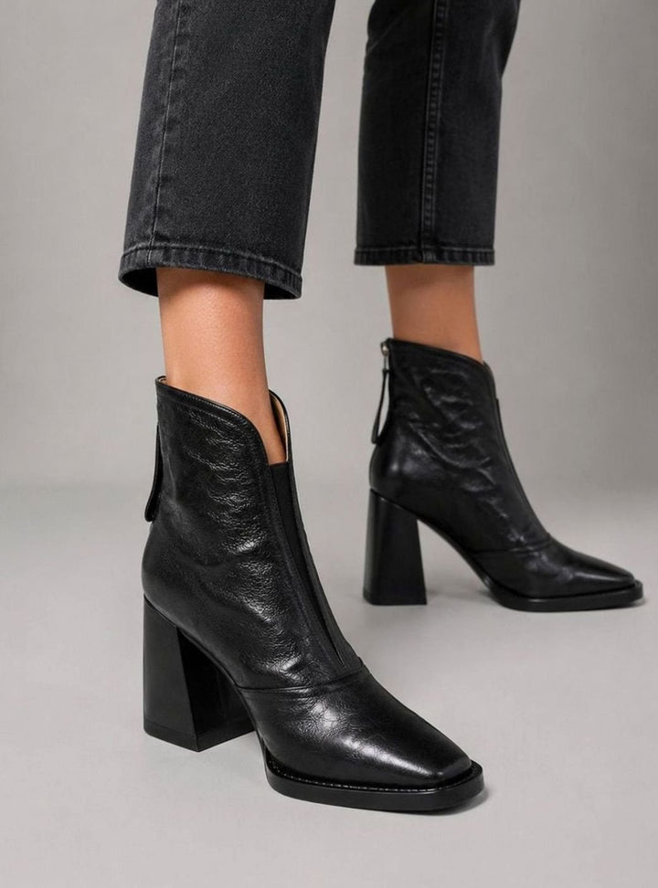 Women's Square-Toe Block-Heel Leather Zip Ankle Boots
