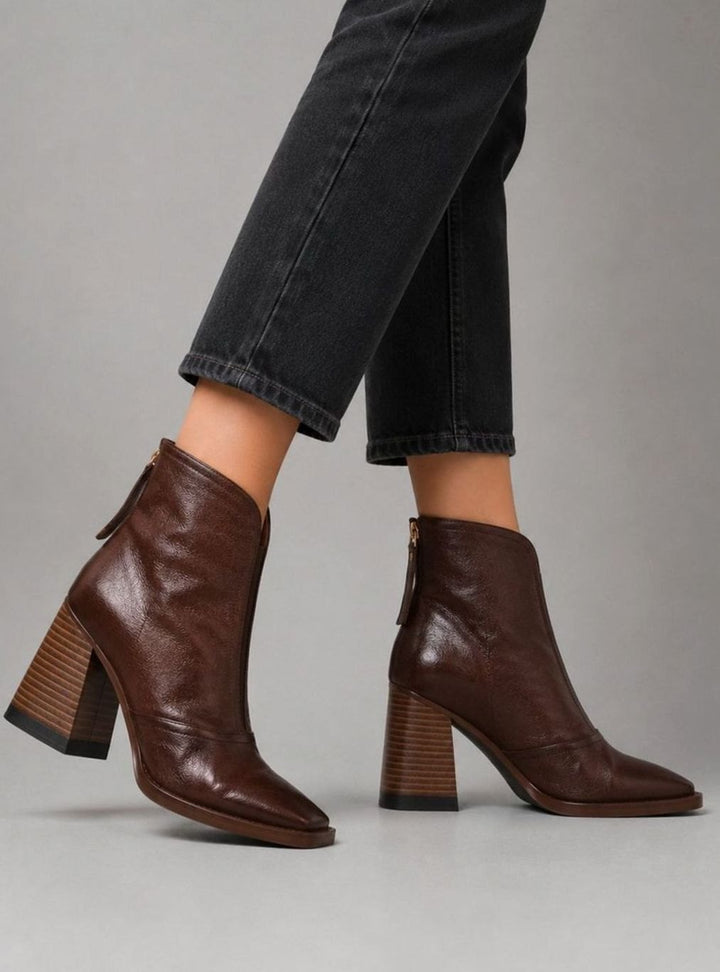 Women's Square-Toe Block-Heel Leather Zip Ankle Boots
