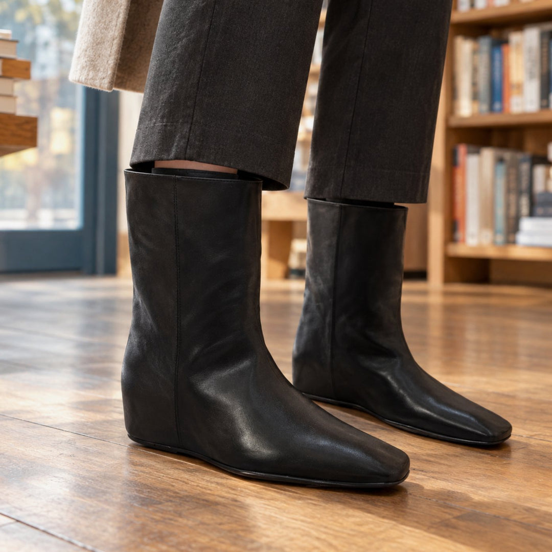Women's Square Toe Concealed Wedge Pull-On Mid-Calf Boots - Black