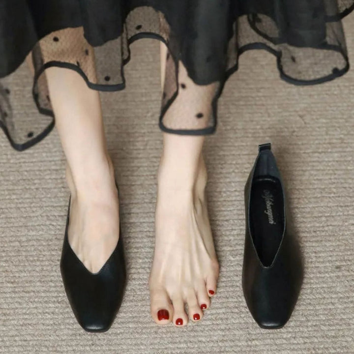 Women's Square-Toe Low-Block Heel Slip-On Court Shoes - Black