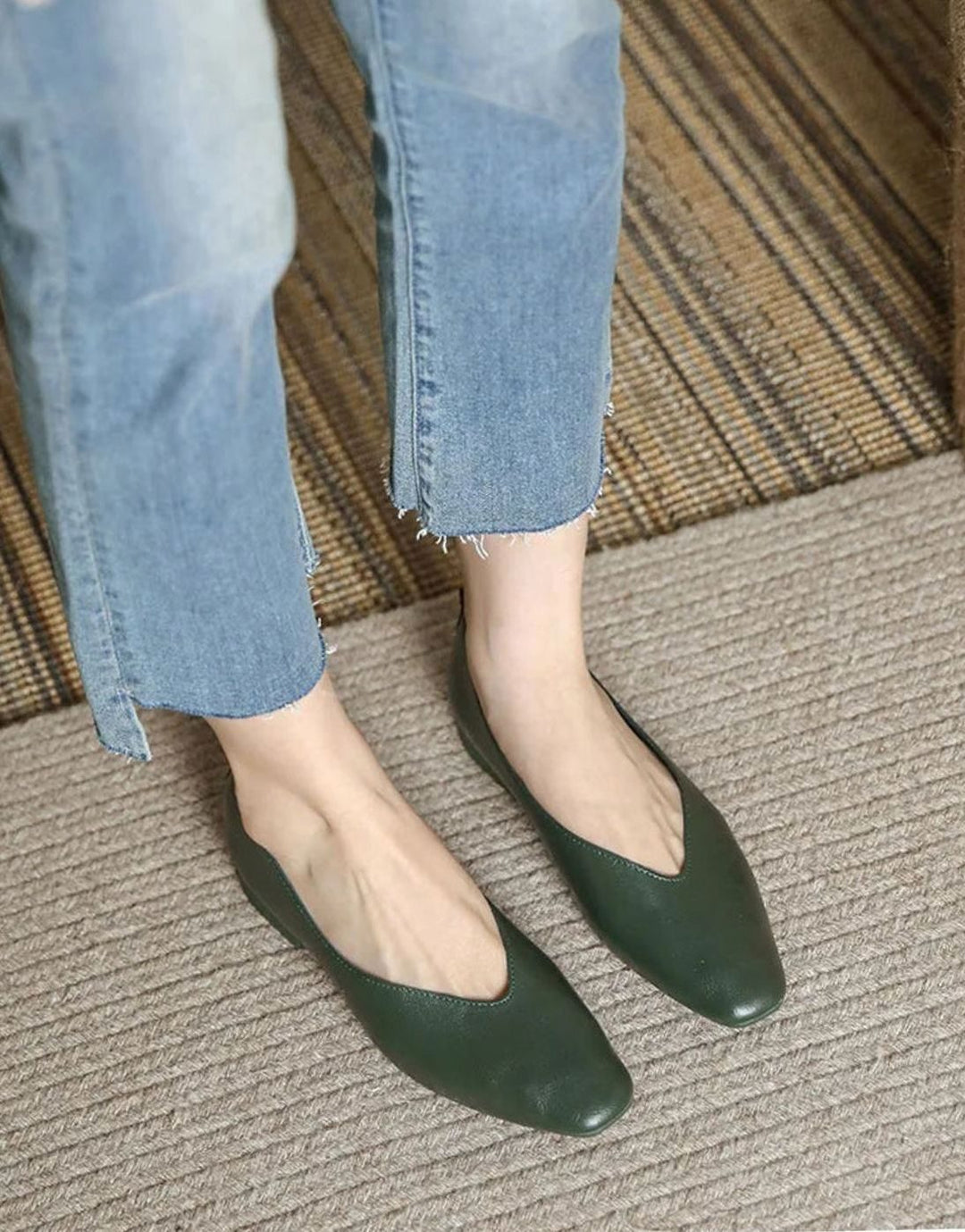 Women's Square-Toe Low-Block Heel Slip-On Court Shoes - Green