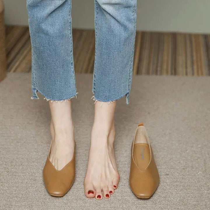 Women's Square-Toe Low-Block Heel Slip-On Court Shoes - Khaki