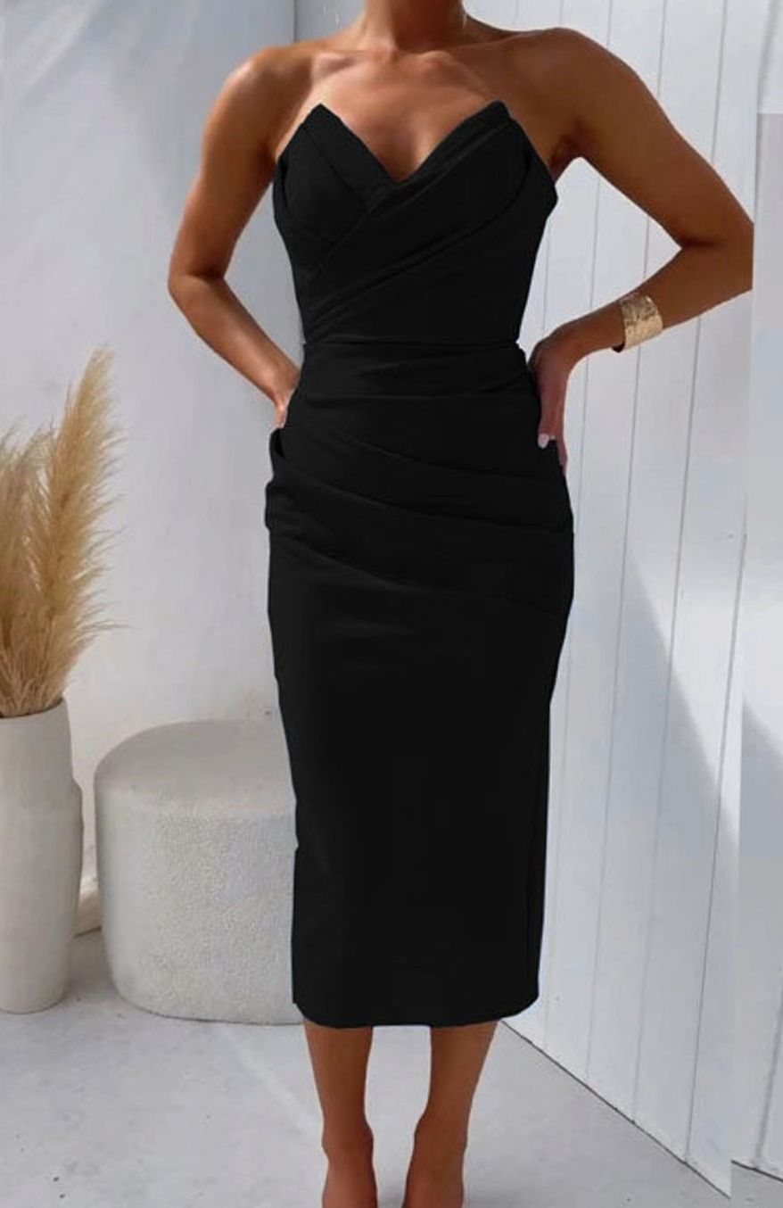 Women's Strapless Bodycon Midi Cocktail Dress Back Slit