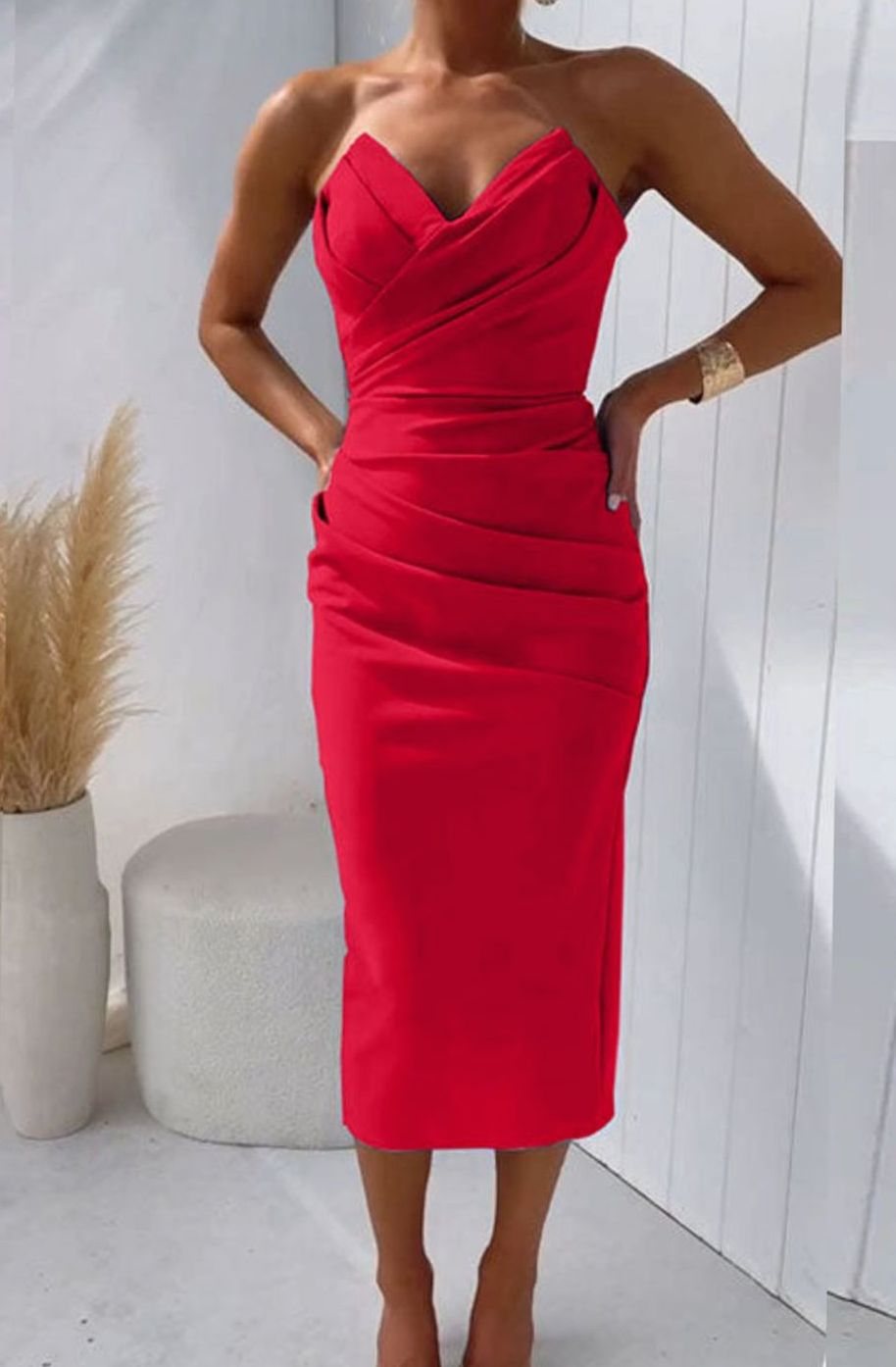 Women's Strapless Bodycon Midi Cocktail Dress Back Slit - Red