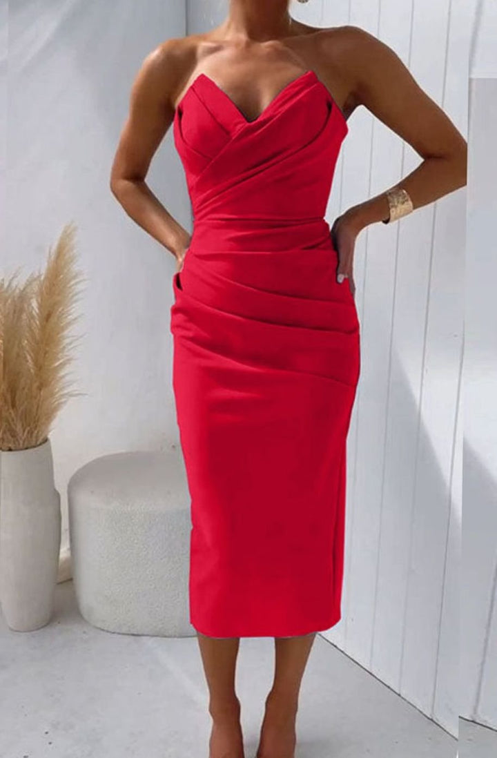 Women's Strapless Bodycon Midi Cocktail Dress Back Slit - Red