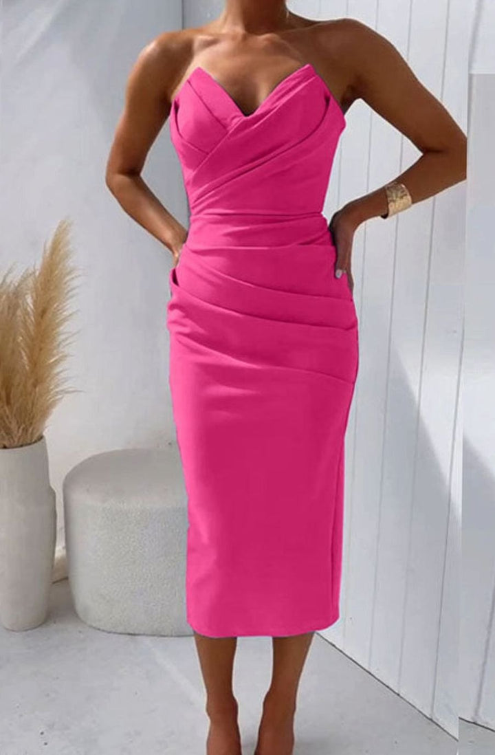 Women's Strapless Bodycon Midi Cocktail Dress Back Slit - Hot Pink