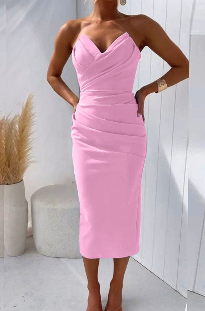Women's Strapless Bodycon Midi Cocktail Dress Back Slit