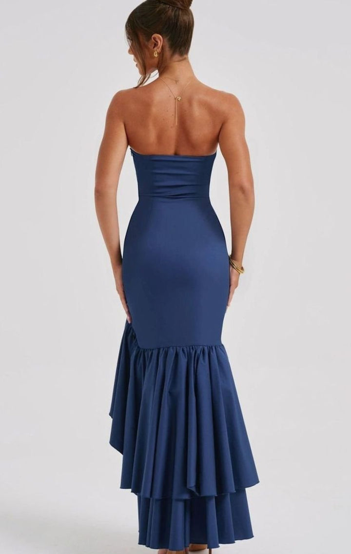 Women's Strapless Bustier Asymmetric Ruffle Maxi Dress