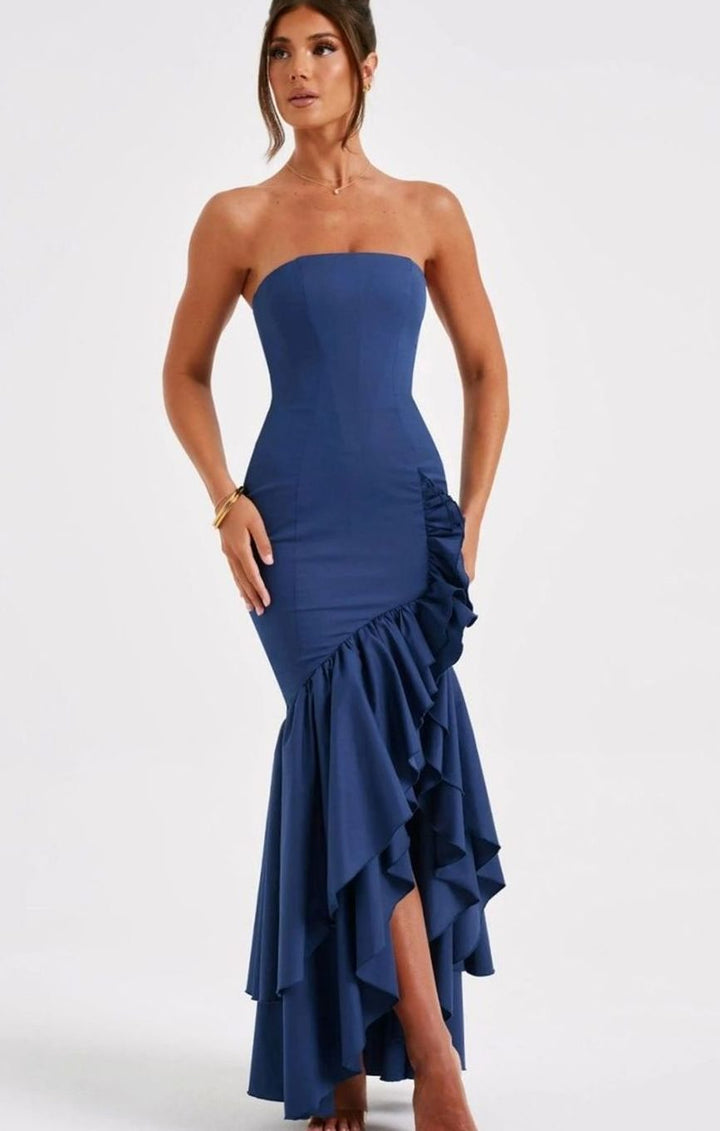 Women's Strapless Bustier Asymmetric Ruffle Maxi Dress, Navy Blue