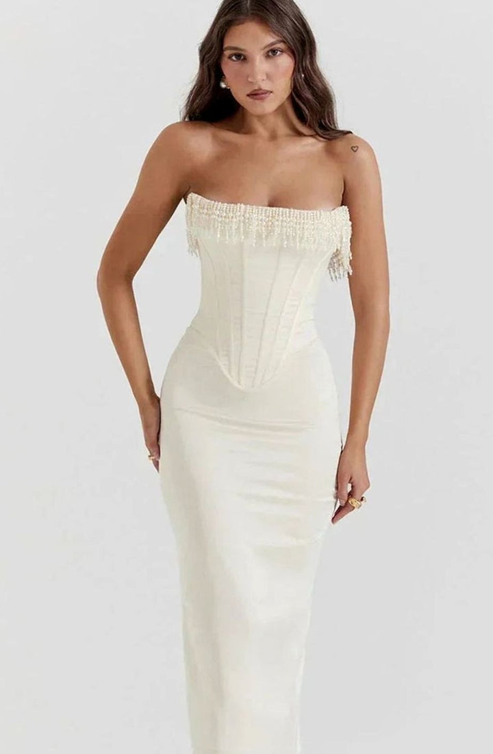 Women's Strapless Pearl-Trim Boned Corset Midi Dress