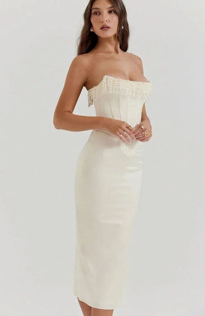 Women's Strapless Pearl-Trim Boned Corset Midi Dress